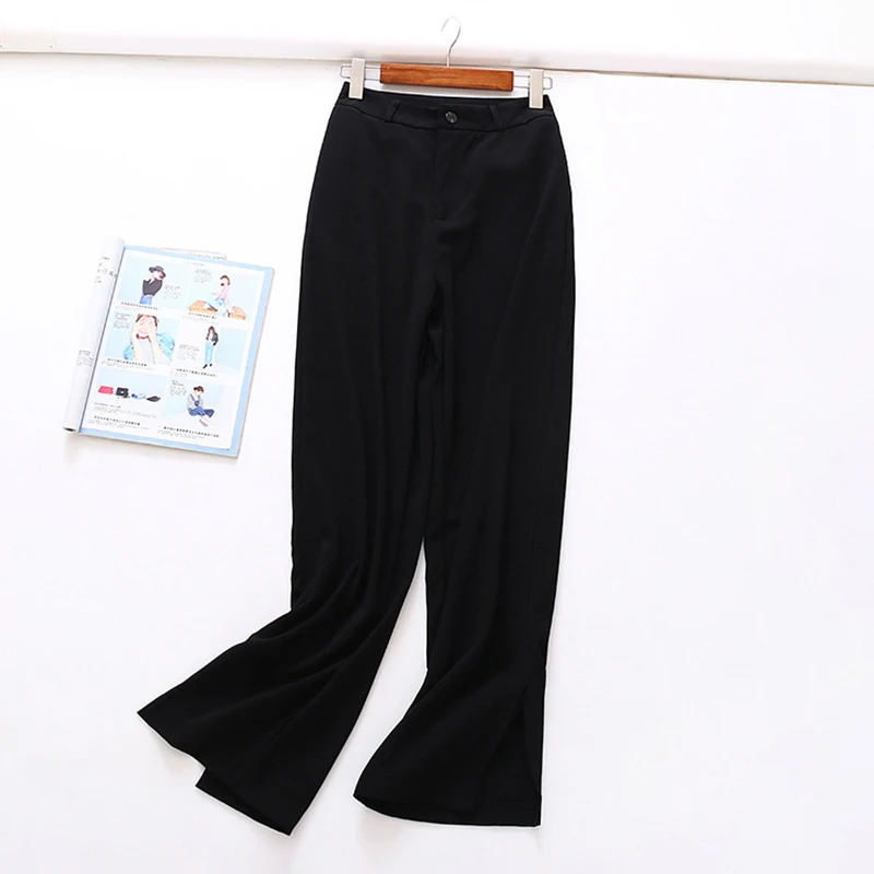 

Women's Wide Leg Pants Black Solid OL Loose Trousers Side Split High Waist Pants Female Full Length Summer Pant P8383