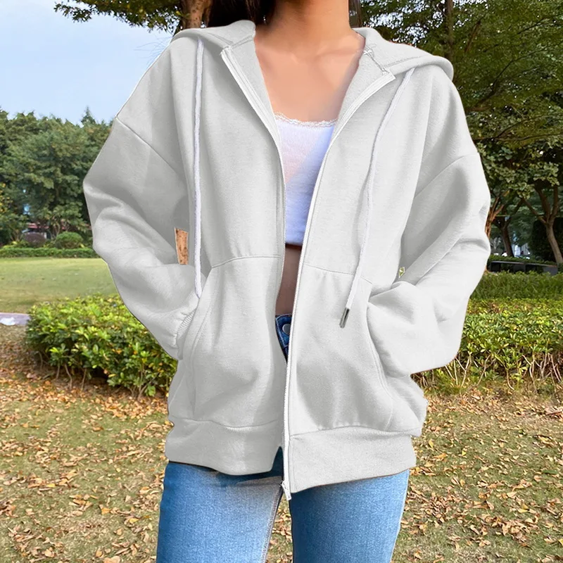 Women Zip Up Sweatshirt Jacket Clothes Hoodies Women's Pockets Long Sleeve Pullovers Black White Female Tops