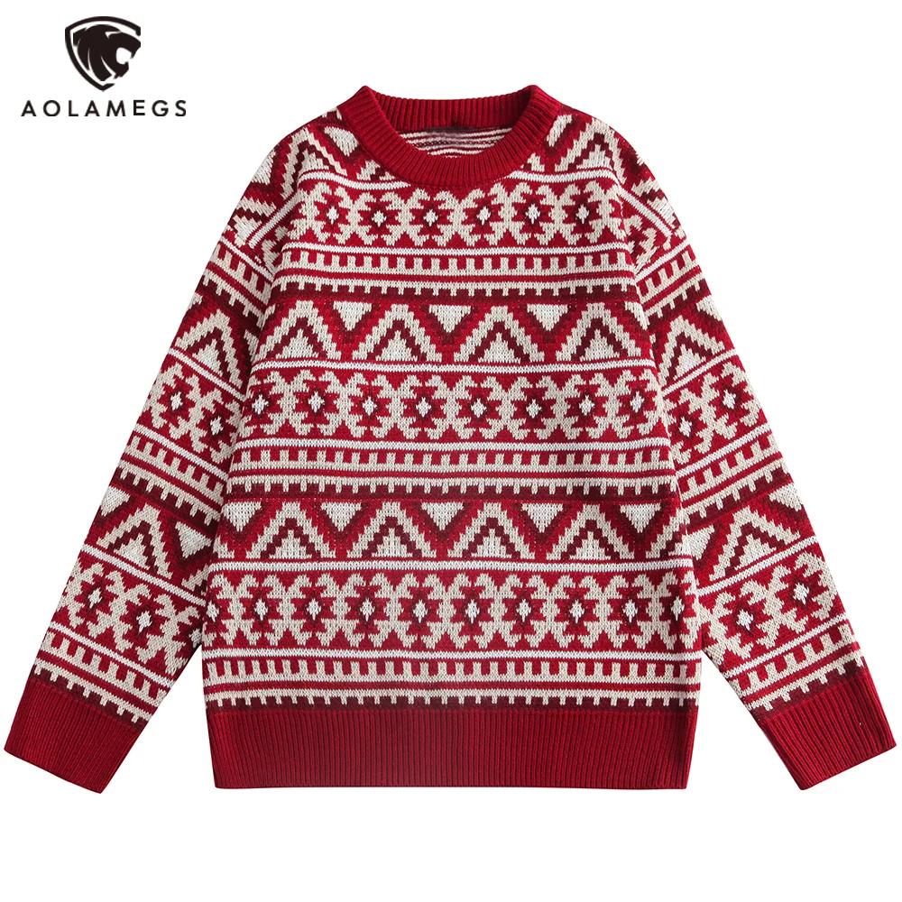 

Aolamegs Christmas Sweaters Men Geometric Graphic Printed Knitted Jumpers Couple Casual Vintage Fashion College Style Streetwear