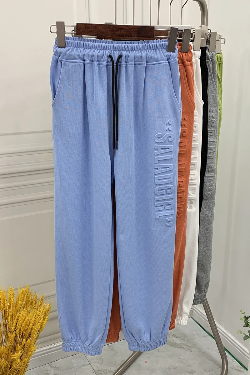 

Casual Sports Pants Women Summer New Simple Cotton Elastic Waist Thin Hoodie Pants Student Letter Print Sweatpants Femme Bottoms