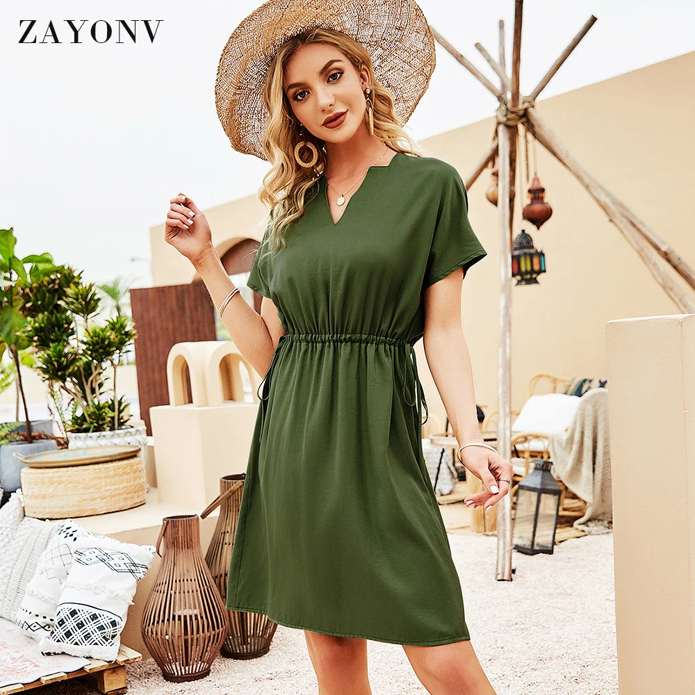 

Womens Summer Short Sleeve V-Neck Casual Swing Tunic Dress