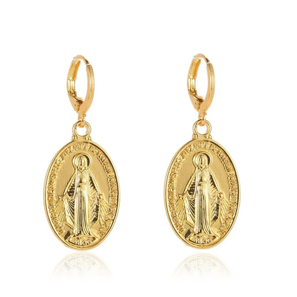 

Gold Color Virgin Mary Cross Drop Dangle Earrings For Women Wholesale Ladies Earrings Religious Christian Jewelry Brincos