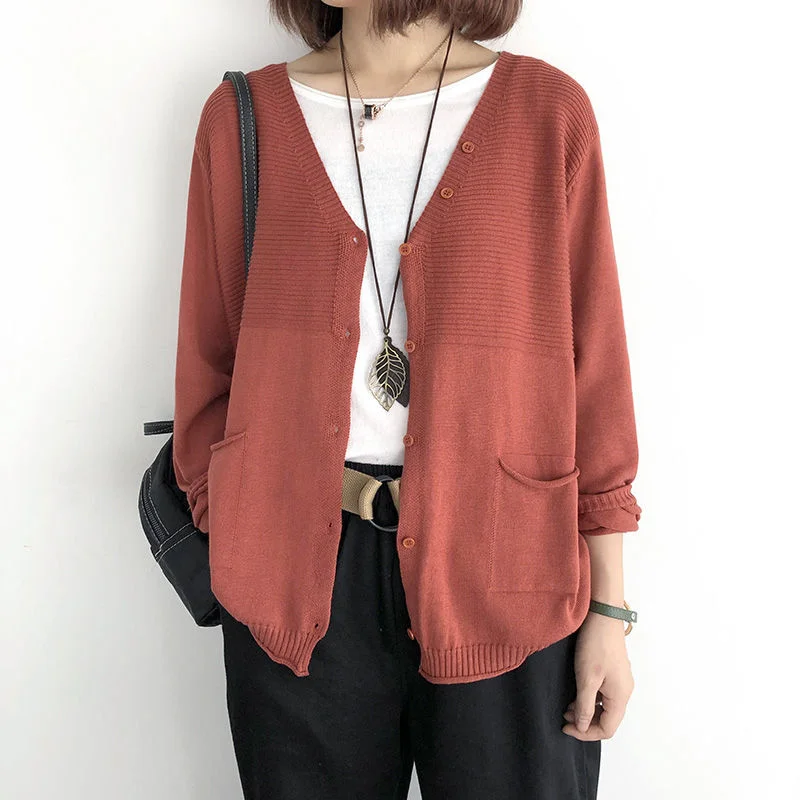 

Women Knit Sweater Thin Autumn Cardigan V-Neck Long Sleeve Solid Clothes Thin Loose Jacket Female Short Pocket Outerwear