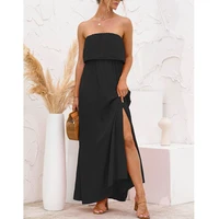 strapless sexy long dress side split beach summer streetwear solid color splice 2021 black party holiday women maxi dresses
