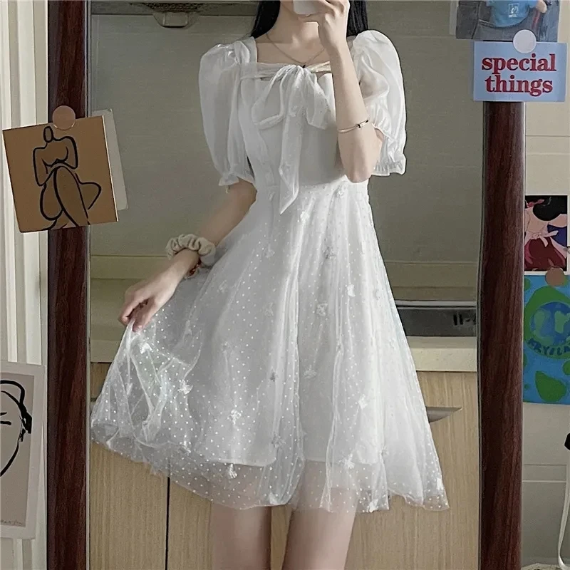 

Elegant Fairy Mini Dresses Women 2022 Puff Sleeve French Casual Kawaii Dress Patchwork Lace-up Sweet Cute Korean Beach Sundress