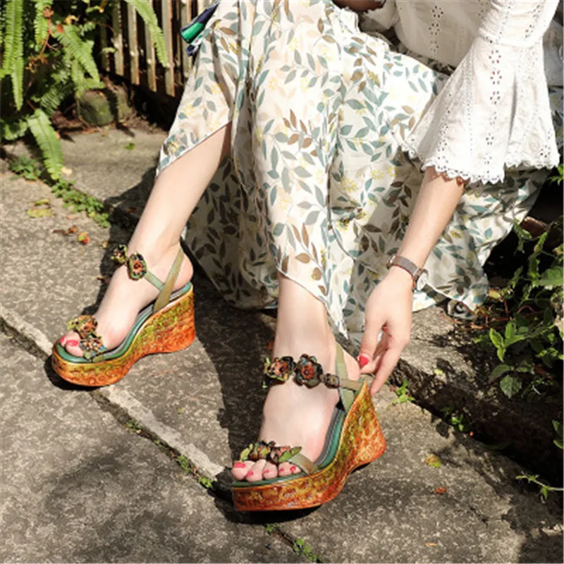 

2020 new sandals women handmade leather flowers ethnicstyle ladies single shoes summer high heels
