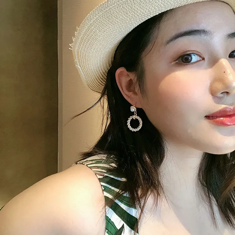 Корейские модные геометрические круглые серьги золотые висячие с искусственным