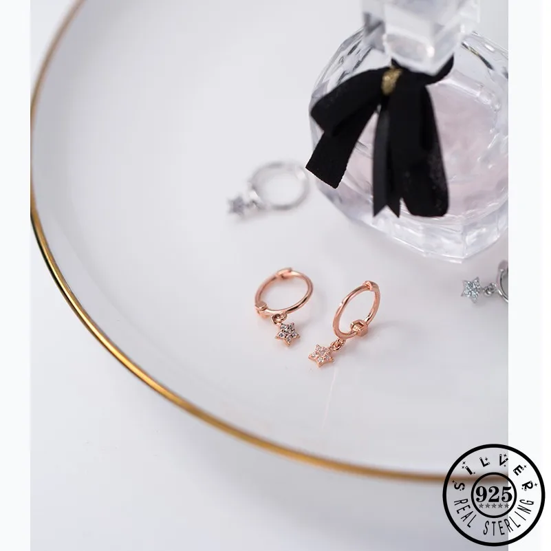 Girls 925 Sterling Silver Small CZ Star Rose Gold Color Hoops Piercing Earrings Cubic Zircon Ear Rings Fine Jewelry for Women | Украшения и