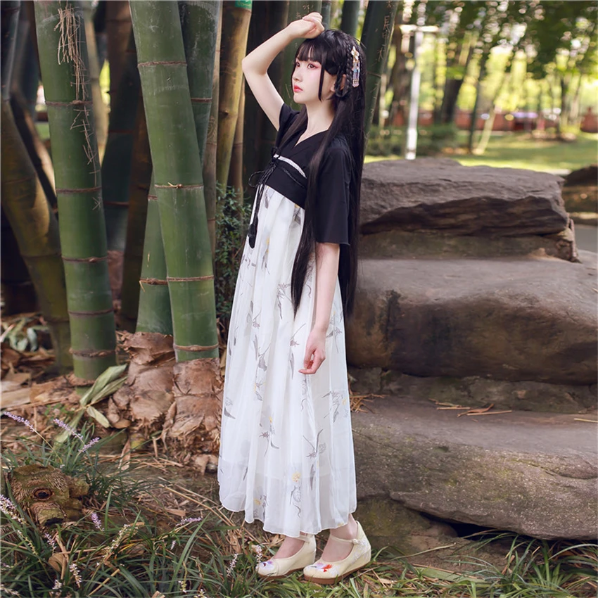 Новая мода китайский стиль женские летние Hanfu Фея элегантные танцевальные костюмы ретро короткий рукав Сетчатое платье династии Хан наряды