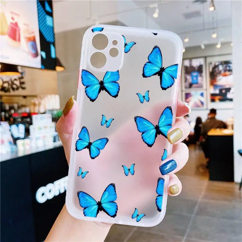 

Cute Butterfly Purple Blue Fundas Phone Case White Transparent Matte For IPhone7 8 11 12 S Mini Pro X XS XR MAX Plus Cover Shell