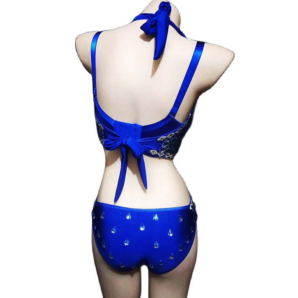 Синие Блестящие Стразы с цветочным крючком комбинезоны вырезом на поясе