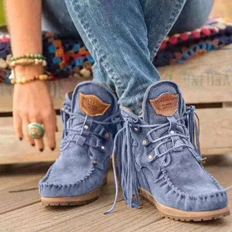 

2022 Nice Bohemian Boots Women Ethnic Tassel Fringe Faux Suede Leather Mid Half Winter Boots Woman Square Heel Shoe Booties