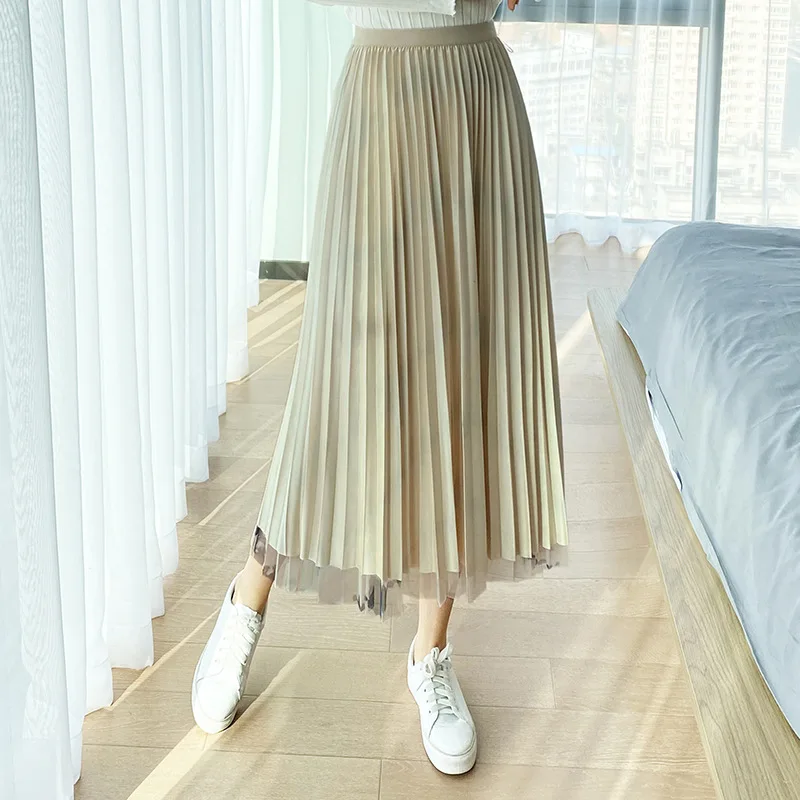 

2021Summer New Arrival Elastic High Waist Slim Mesh Skirt All-match Casual Elegant Women A-line Pleated Long Skirt Free Shipping
