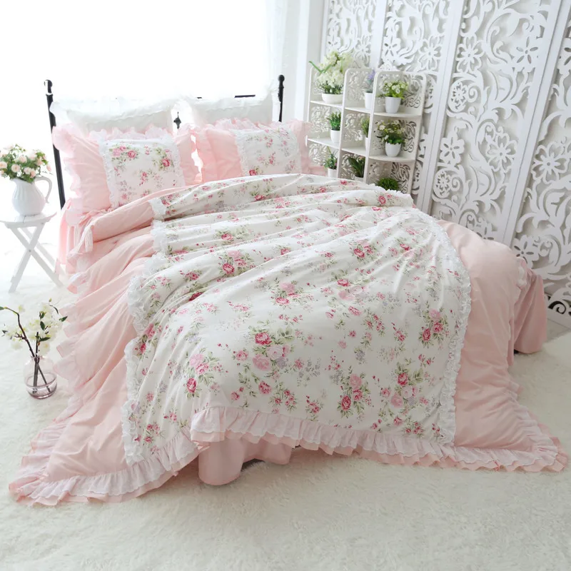 

Sweet princess bedding set Heavy wrinkle handmade ruffle lace splice duvet cover pink pastoral king size bedspread HM-22F