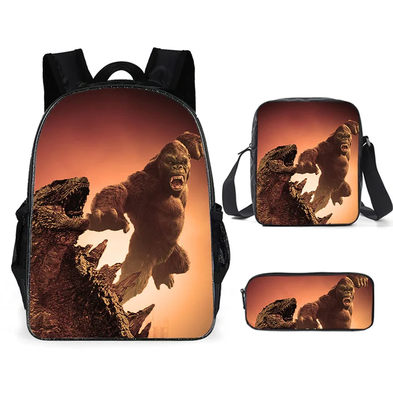 

Hot Sale Godzillas King Kong Canvas Schoolbag Travel Backpack Shoulder Bag Pencil Case Three-Piece set
