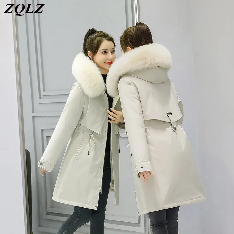 

ZQLZ M-6XL, зимняя куртка для женщин, 2022, новые теплые толстые хлопковые пальто с капюшоном, тонкие черные длинные парки, Mujer, повседневное пальто ...