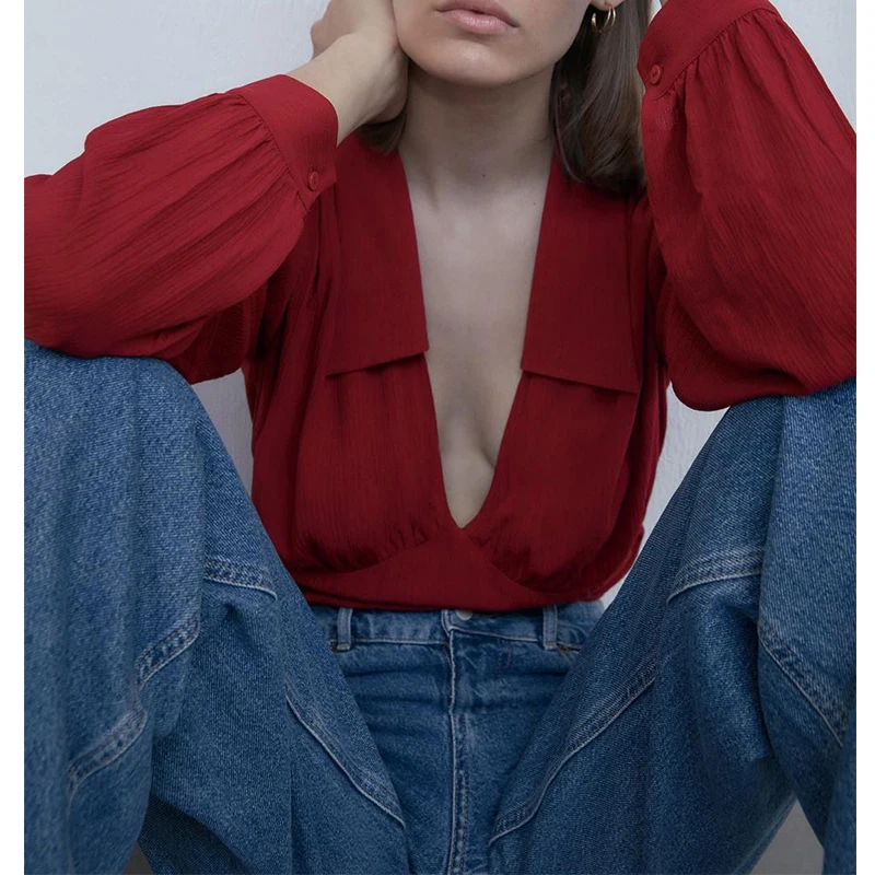 

2020 Autumn Top Women's Solid Color V-Neck Sexy Short Style Long Sleeve Fashion Slim Clothes