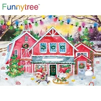 funnytree winter christmas party background colourful lights banner barn snow scenery santa reindeer tree photozone backdrop