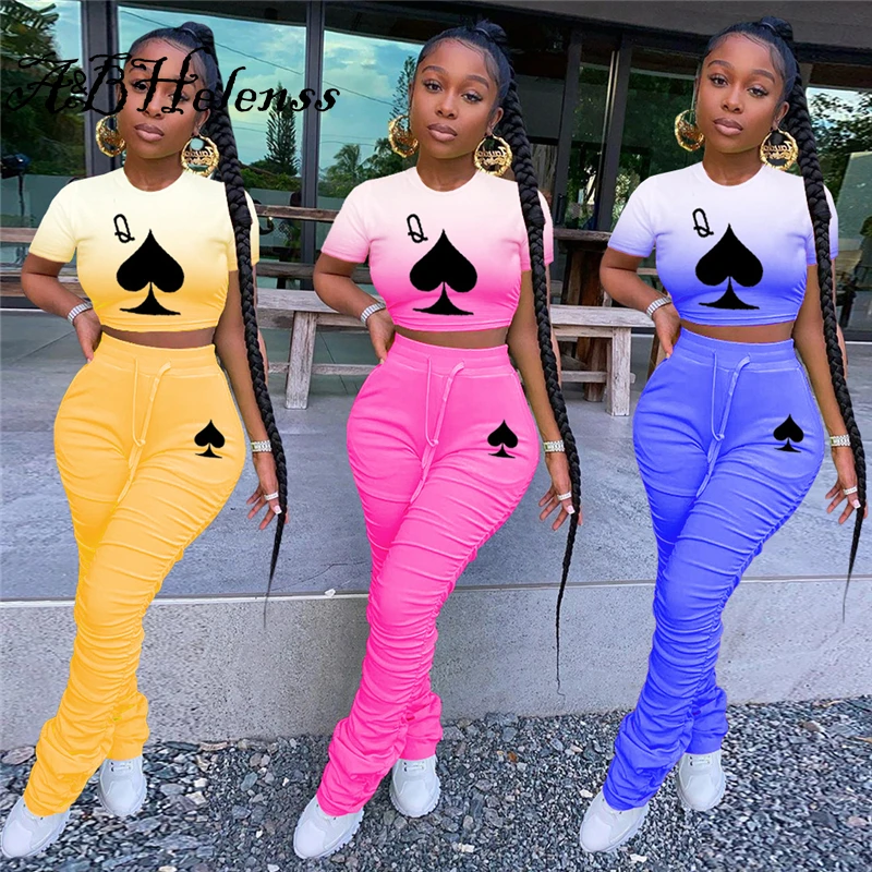 

A&BHelenss Spring and Autumn Gradient Spreading Dress 2 Piece Set Spades Print Short Sleeve Top + Solid Color Pants matching set