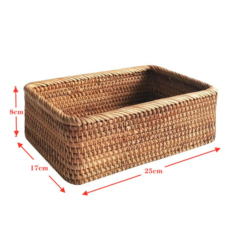 

Hand-Woven Rectangular Rattan Wicker Basket Fruit Tea Snack Bread Picnic Cosmetic Storage Box Kitchen Supplies Home Decor Tools