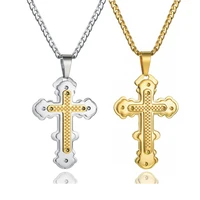 dropshipping fashion stainless steel gold multi layer cross pendant 24 inch cuban chain necklace jewerly for men