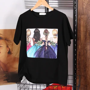 Футболка с короткими рукавами женская 2021 новая мода сладкий стиль лето свободные хлопковые аппликации с принтом топы с круглым вырезом футболки пуловеры