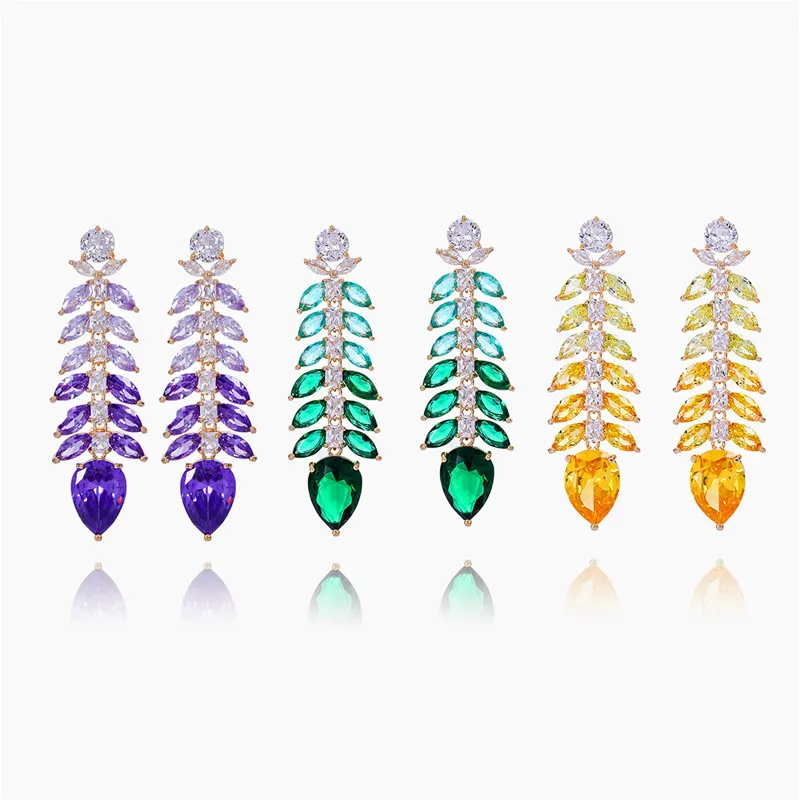 Colorful Cubic Zirconia Leaves Pendant Earrings for Women Luxury Jewelry Female Fashioin Feather Dangle Earrings