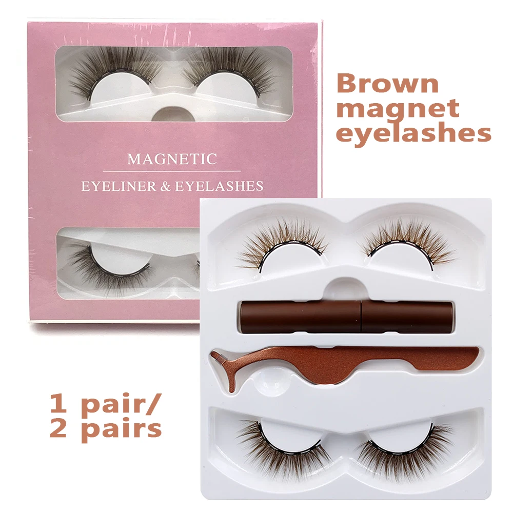 Magnetic Eyelashes 1/2Pairs 3D Magnet Eyeliner Natural False Lashes Waterproof Long Lasting Brown Eyelash Extension Makeup Tools