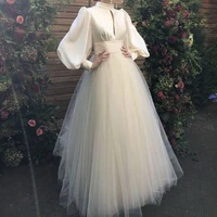 elegant prom dresses high neck puff long sleeves satin tulle ball gown floor length women party prom gowns vestidos de noche
