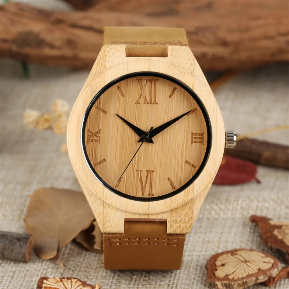 Часы мужские кварцевые с бамбуковым циферблатом и ремешком из натуральной кожи |