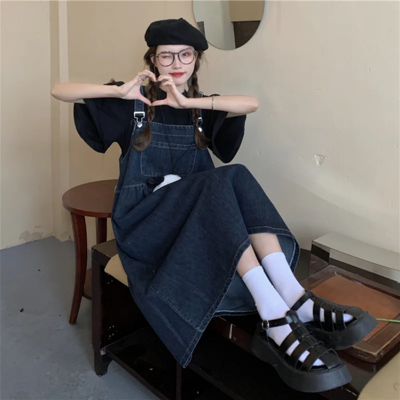 

Summer Women Long Jeans Dress 2021 Korean Style Elegant Casual Spaghetti Strap Loose Vintage Denim Dress Women Jeans clothes