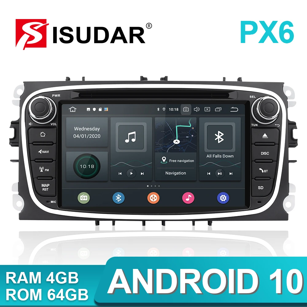 Isudar PX6 2 Din Android 10 автомобильное радио для FORD/Focus/S MAX/Mondeo/C MAX/Galaxy автомобильный - Фото №1