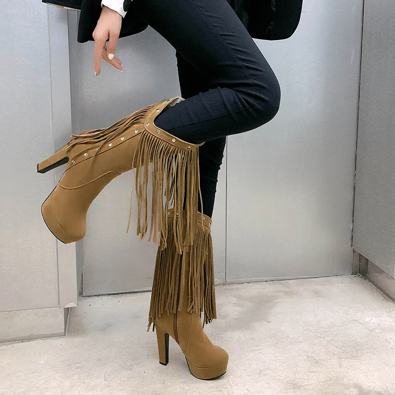 Женские сапоги с бахромой Lasyarrow зимние до середины икры на толстом каблуке 11 см 2021