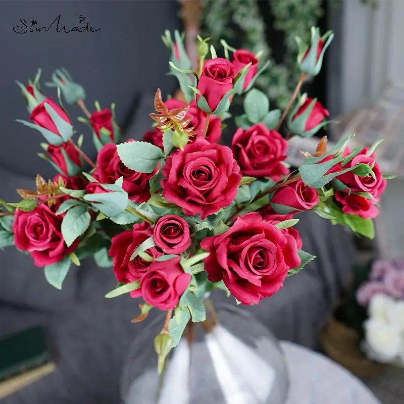 SunMade нежная многоголовая Роза шелковые искусственные цветы розы с листьями