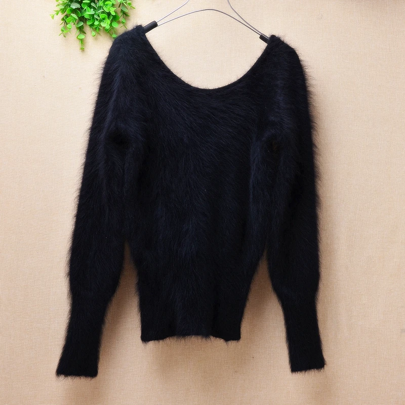 

Hot sale top mujer ladies elegant fashion beading neck long tight sleeve angora rabbit fur knitted sweater pullover Small size