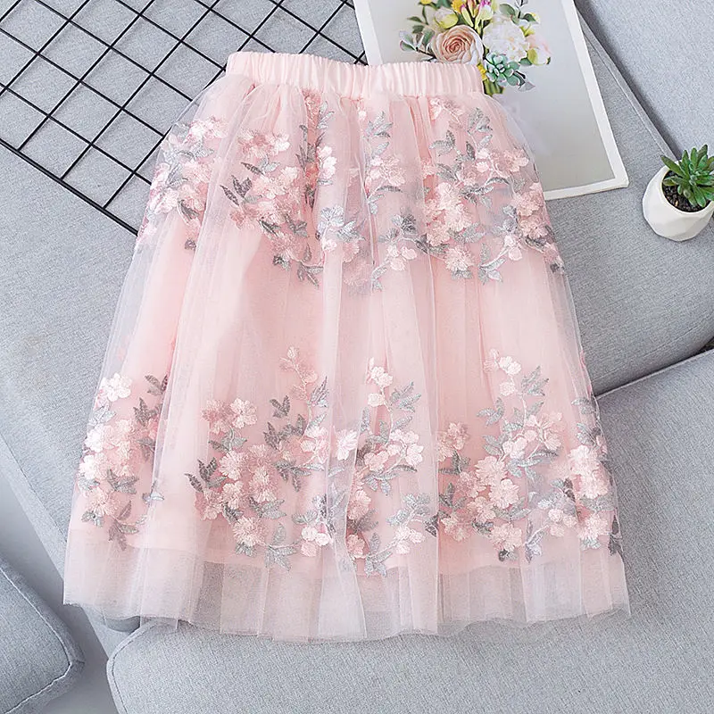 

Кружевные юбки с вышивкой для девочек, летняя новая милая прямая сетчатая свободная элегантная детская одежда для принцесс, высокое качест...