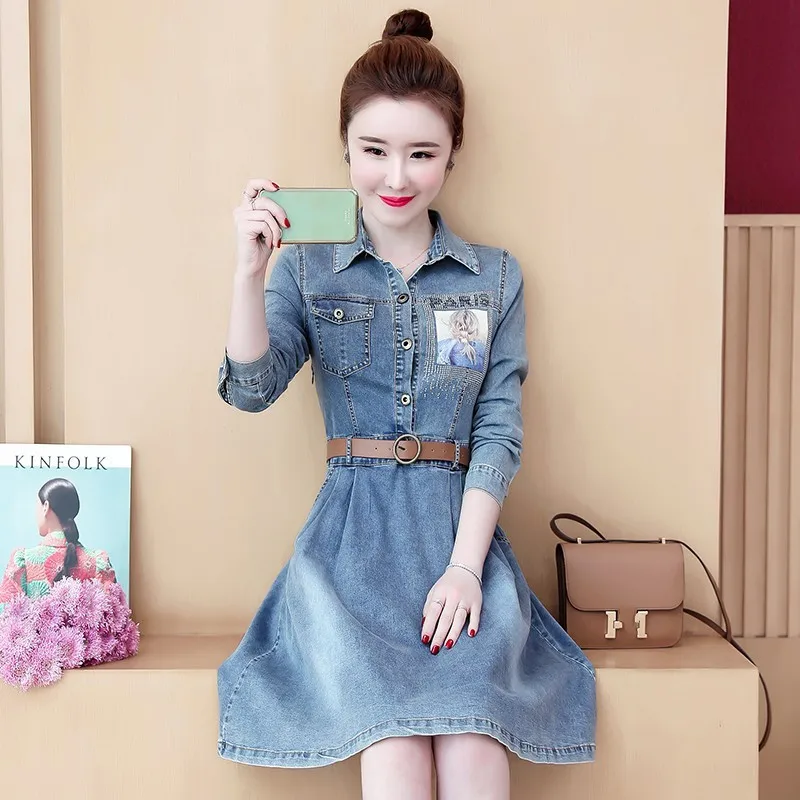 

Autumn Women Denim Dress Belted Slim Fit Long Sleeve Jean Dresses Ladies A Line Casual Streetwear Knee Length Mid Sequined Dress