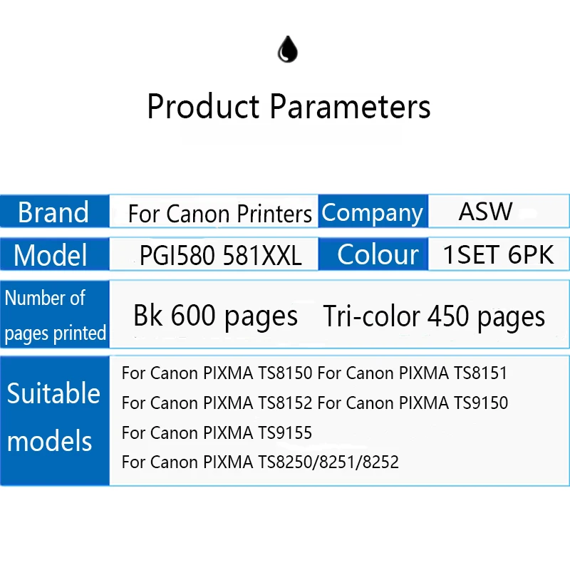 18PK совместимые pgi580 cli581 чернила для Canon PGI 580 PGBK CLI 581 BK/C/M/Y/PBK XL PIXMA TS8150 TS8151 TS8152 TS9150