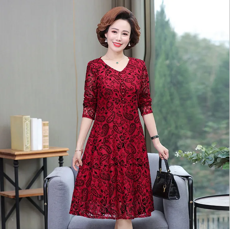 Женское Сетчатое платье с кружевом красное Двухслойное офисное длинным рукавом