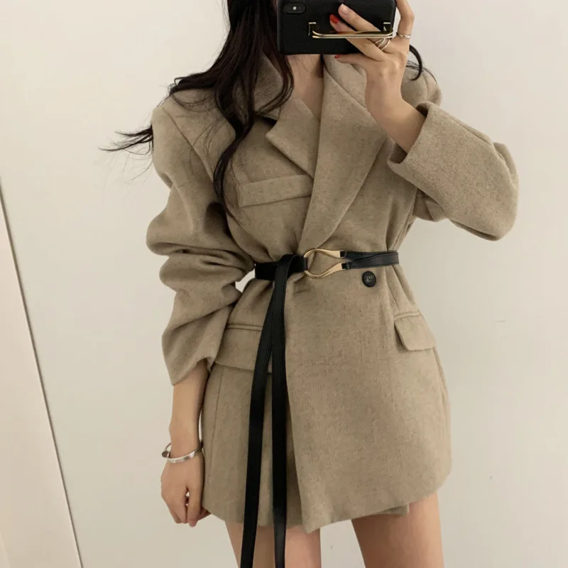 

Женский офисный блейзер с длинным рукавом, свободный однотонный повседневный костюм с поясом, верхняя одежда для осени и зимы, 2020