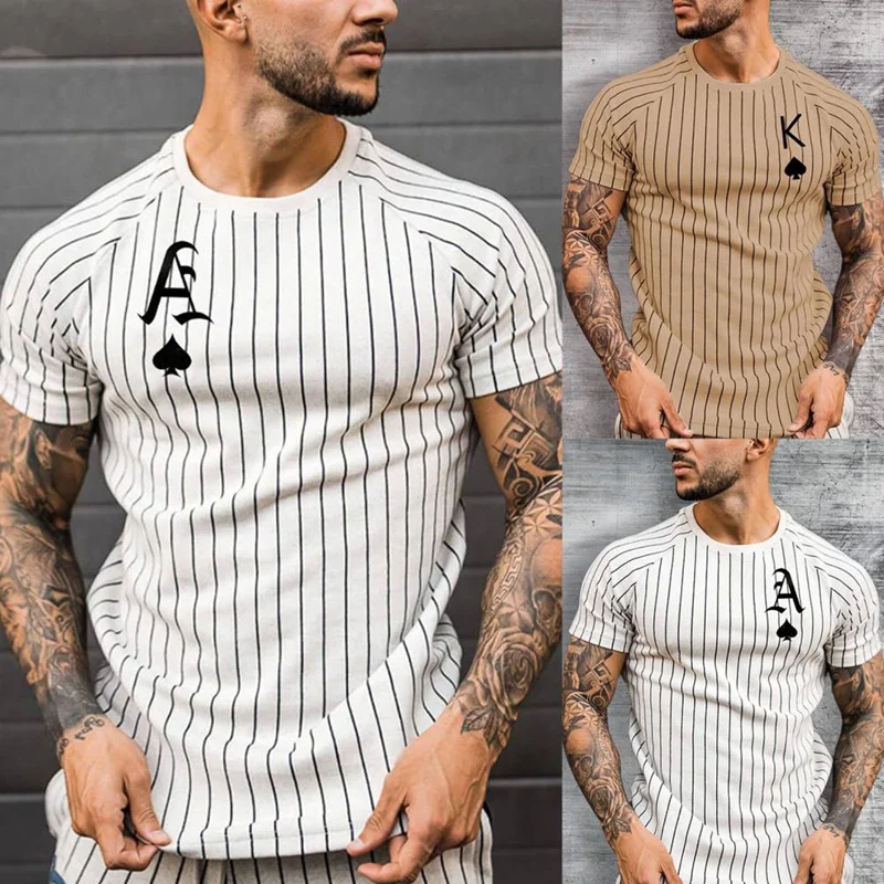 

2021 New Short Sleeve Round Collar Stripe T Shirt Men's Fashion Playing Card Printed Tee Male Breathable Slim Tops Clothing