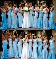 african cheap sky blue mermaid bridesmaid dresses one shoulder formal wedding guest dress plus size maid of the honor gowns
