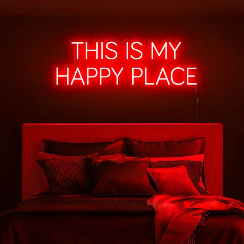 OHANEONK This Is My Happy Place Neon Sign Light for Office Living Room Pub Bar Resturant  Library Wall art Decor Sign