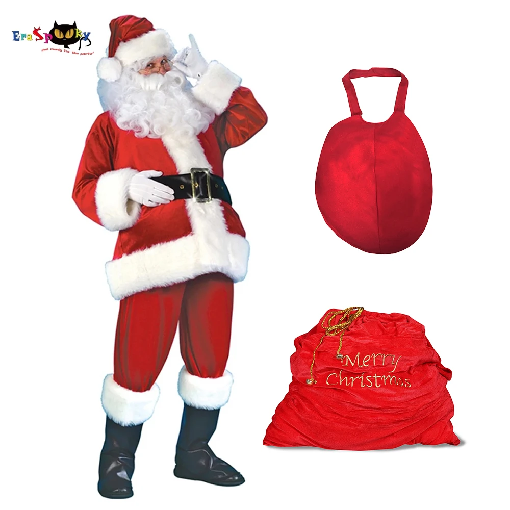 

Eraspooky Plus size Deluxe Christmas Outfits Santa Claus Costume For Men Adult New Year Velvet Fancy Dress Hat Belly Gift Bag