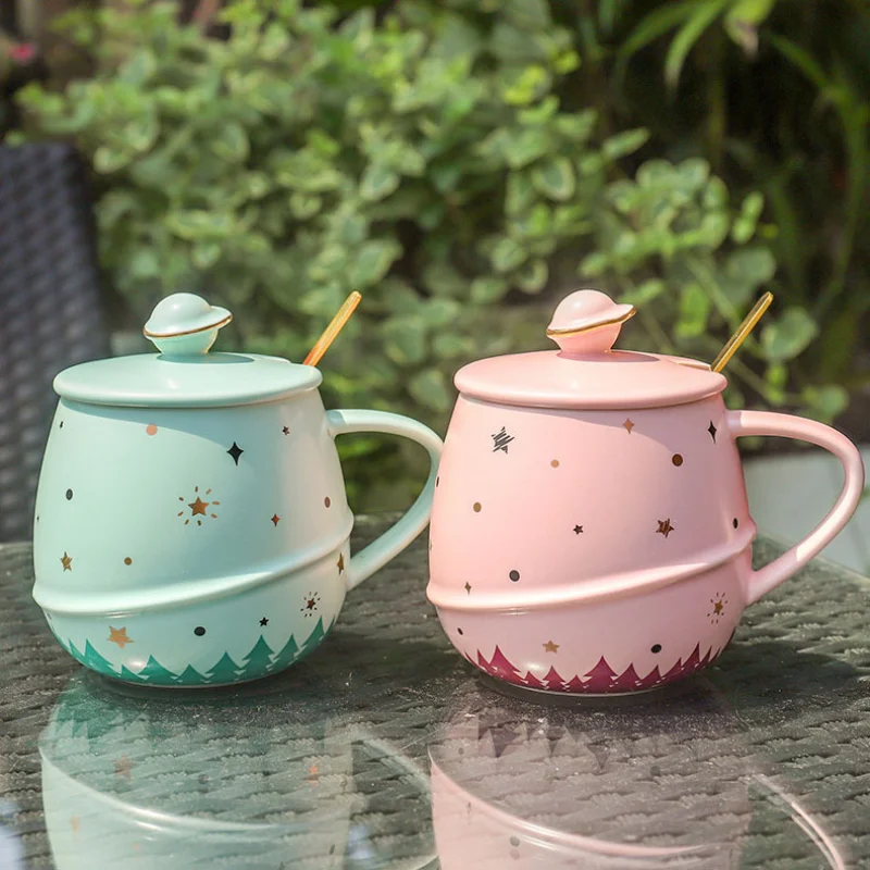 

M Korean Cartoon Ceramic Kawaii Tumbler Water Glass Cup with Lid Spoon Cups Personality Planet Mug Girls' Office Coffee Mugs