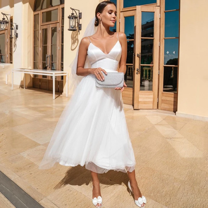 

Eightree Sexy Wedding Dresses Spaghetti Staps Short Modern Bridal Dress White A-Line V-neck Princess Wedding Gowns Custom Size