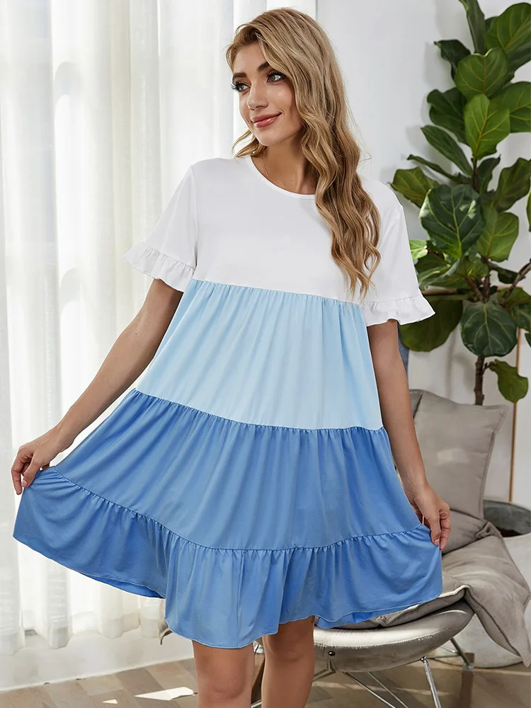 

Summer Women's Simple Casual Frill Tiered Hem Polyester Dress Color Block Short Sleeves Ruffles Relaxed Fit