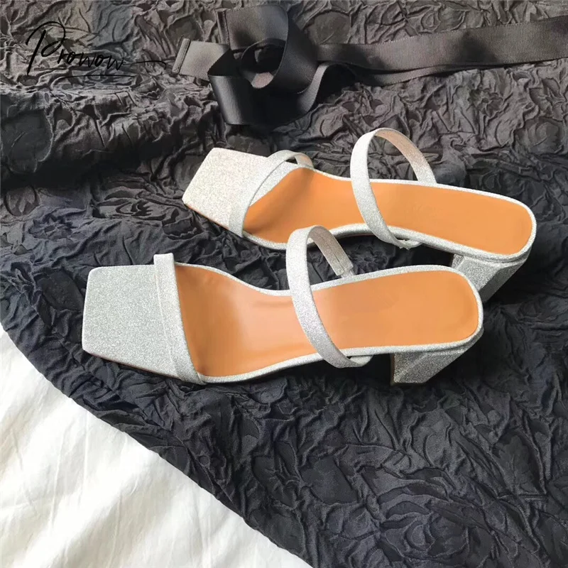 

Prowow Fashion Blingbling Summer Shoes Woman Slippers Open Toe Thick Mid Heel Women Shoes Slippers Party Mules Shoes Woman