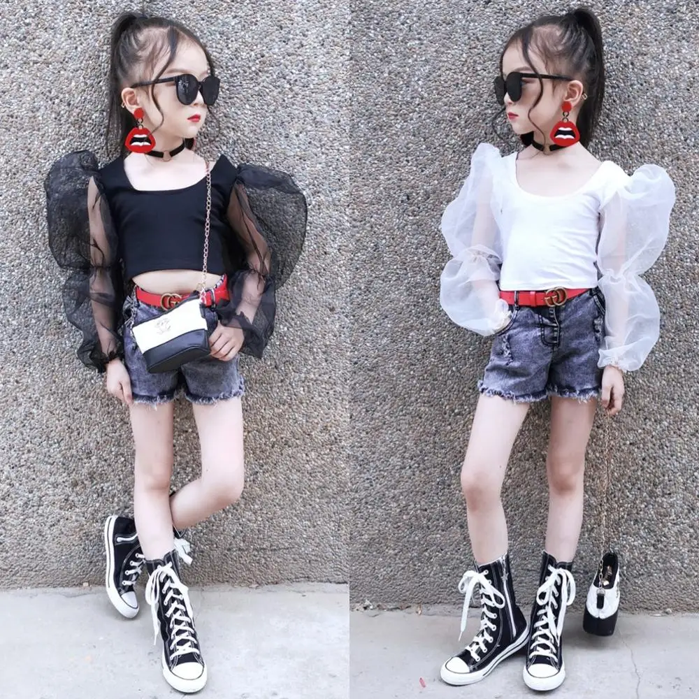 

Summer girls t shirt baby crop top kids short tee children streetwear clothes fashion mesh patch puff long sleeve 2 to 12 yrs