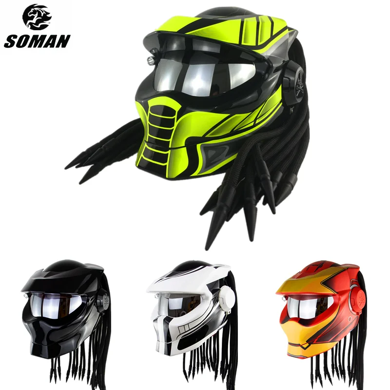 Koop Soman Cool Predator Helm Dot Goedgekeurd Mannen Retro Moto Helm Predator Custom Full Face Motorhelmen Black Braid Casco Ece